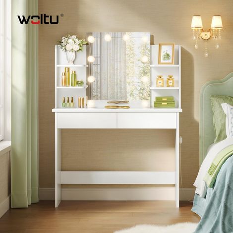 WOLTU Toeletta da Trucco con 10 Luci LED Hollywood. Tavolo da Trucco Moderno con Specchio. Postazione Make-up con Mensole Aperte e 2 Cassetti. 90x40x135cm. in Legno. Bianco