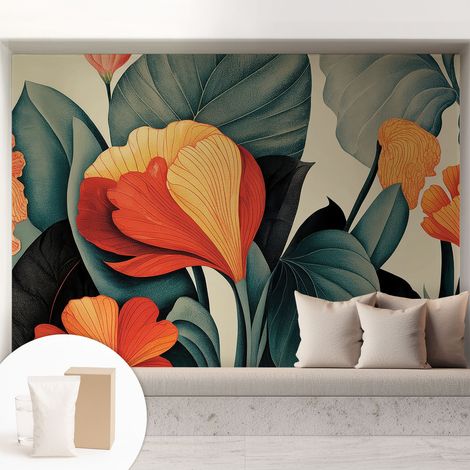 Papier peint intissé mural avec imprimé motifs uniques apparence moderne - Colle incluse gratuite Fleurs colorées 208x146 cm (1/5)