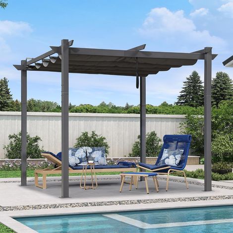 PURPLE LEAF Pergola Jardin Extérieure Rétractable en Aluminium, Cadre Gris, avec Double Auvent Pare-soleil, 3 x 3 m, Gris