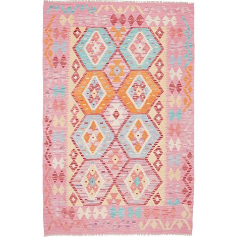 Tapis kilim 121 x 184 cm, géométrique, rose, bleu et orange, en laine naturelle, tissé à plat, artisanal (1/5)