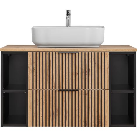 Waschtisch Kombination 100 cm schwarz gerillt Waschtischunterschrank mit Keramik Waschbecken XANTEN-56 in anthrazit mit Eiche Nb., B/H/T: ca. 100,6/73,2/46,5 cm (1/5)