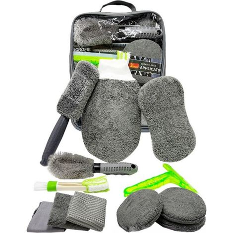 NURIA-Kit de nettoyage auto 12 pièces, gant éponge, kit de lavage auto en microfibre, chiffon de nettoyage et gants de lavage auto (gris) (1/5)