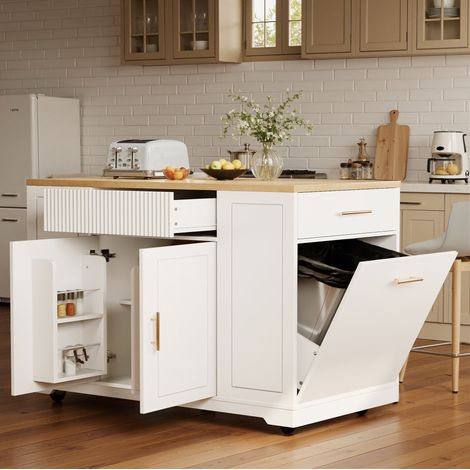 Isla de cocina 120x50x92 cm blanca en MDF y metal con ruedas, compartimento para cubo, 2 puertas y 3 cajones (1/5)