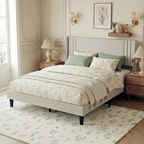 Lit Double 160x200 cm avec Sommier à Lattes, Lit Capitonné en Tissu Lin, Tête de Lit Confortable pour Chambre ou Amis, Lit 2 Places - Beige