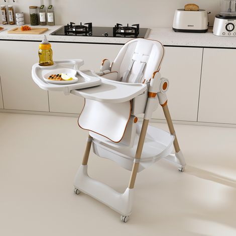 Chaise haute bébé réglable 76x53x90 cm blanche, pliable avec roulettes et tablette amovible MEUBLIV (1/5)