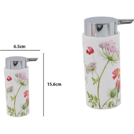 Trade Shop - Dosificador Cilíndrico De Jabón Líquido Plástico Blanco 15,6 Cm Flores 69922 -