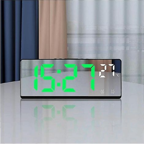 Réveil de bureau numérique à commande vocale avec miroir, double alarme, fonction snooze et mode nuit, format 12/24 heures (ou (1/5)
