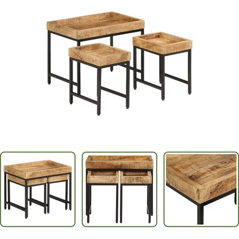 Meuble de salon - Tables basses gigognes 3pcs bois de manguier massif brut et fer (1/5)