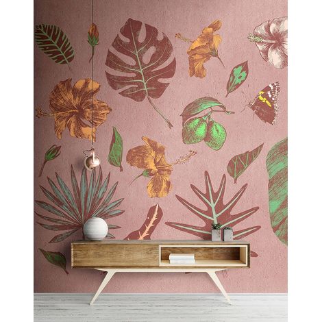 Papier peint panoramique flamant rose & feuille | Tapisserie panoramique tropicale idéale salon | Papier peint panoramique à motif rose & vert - 270 x 400 cm (4 pièces) (1/5)