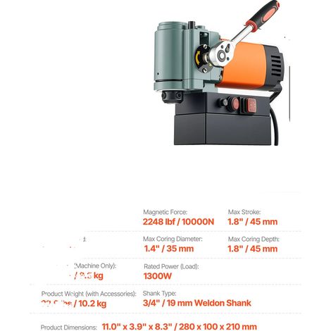 Magnetbohrmaschine, 1300 W Leistung, 2248 lbf Magnetkraft, 1300W 650RPM (1/2)
