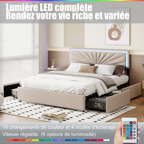 Lit adulte avec 4 tiroirs 140x200cm – Éclairage LED télécommandé – Lit capitonné avec sommier à lattes – Beige moderne