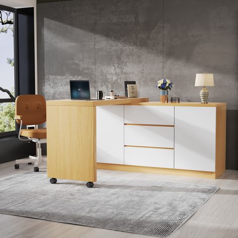 Bureau pliable pivotant 120 x 50 x 76,5 cm avec roulettes verrouillables, blanc et chêne DESVIAE (1/5)
