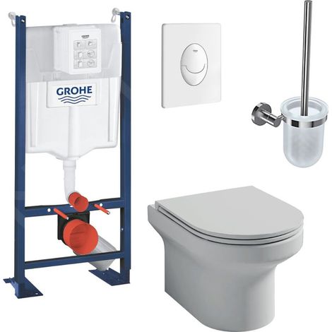Pack WC suspendu Jacob Delafon sans bride Elite, abattant extraplat fermeture douce, Blanc + Bâti support wc Grohe Rapid SL Project 1.13 M + plaque de commande blanc Grohe quickfix + Porte-balai Chro (1/3)