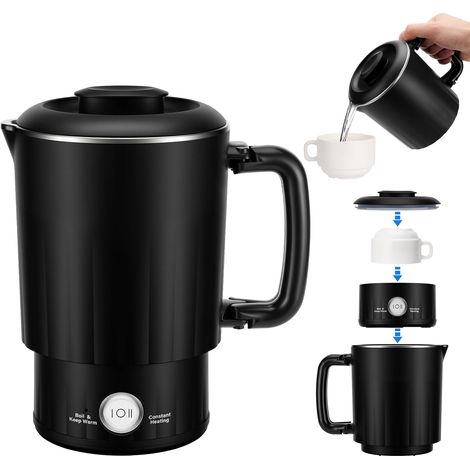 Bouilloire électrique en acier inoxydable, bouilloire électrique de 600 ml avec une tasse, sans BPA, chauffe en 5 minutes, parfaite pour la famille, les voyages, l'hôtel, le camping (noir) (1/5)