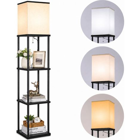 Lampadaire sur Pied Salon avec Étagère, 3 Températures de Couleur avec Ampoule LED, Bibliothèque Moderne pour Salon, Chambre, Bureau (Noir) (1/5)