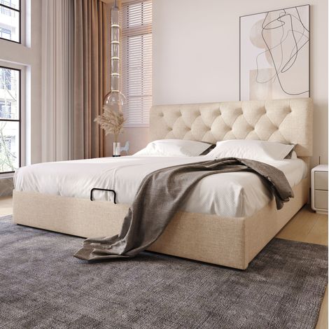 Letto matrimoniale 140x200 cm naturale in lino con contenitore idraulico e materasso incluso (1/5)
