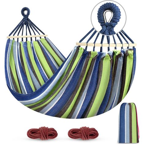 Bequeme und robuste Hängematte mit kippsicherer Holzstange und Seil für den Innen- und Außenbereich, Terrasse, 275 x 155 cm, Tragkraft 250 kg
