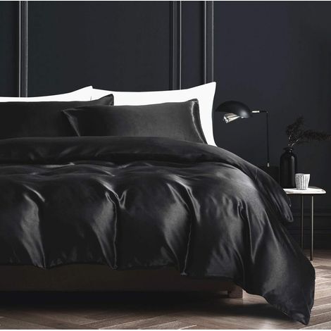 Housse de Couette Satin 220x240 Noir Uni Brillant Parure de Lit Satin Doux Lisse Soyeux Linge de Lit 2 Personne Adulte avec Fermeture Éclair et Taies d'oreiller 65x65 cm (1/5)