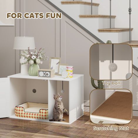 Poubelle pour chat, avec porte en rotin, coussinet anti-griffures, pieds antidérapants, blanche (1/5)