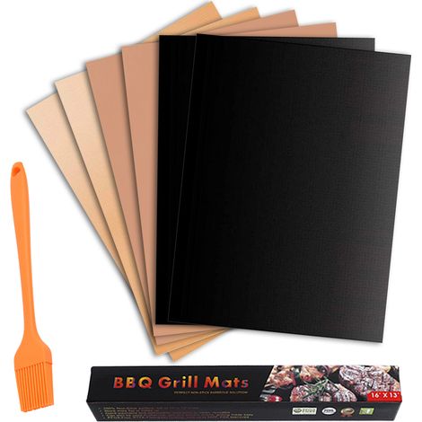 Accessoires pour barbecue - Lot de 6 tapis de cuisson pour barbecue extérieur, réutilisables et faciles à nettoyer, compatibles avec les barbecues à gaz, à charbon et électriques, 33 x 40 cm, avec bro (1/5)