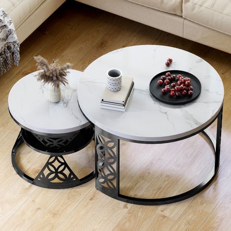 Table basse 70x70x45 cm noire et blanche en métal avec effet marbre, lot de 2, surface résistante et stable (1/5)