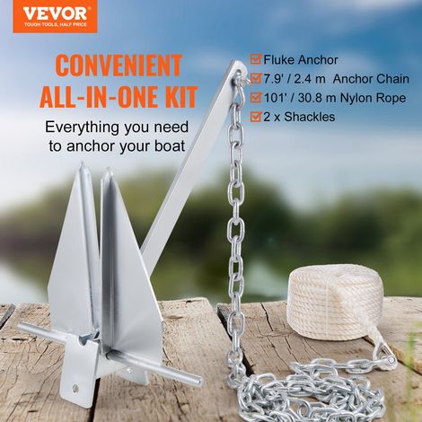 Ancre Plate 6 kg, Kit d'Ancrage en Acier Galvanisé à Chaud avec Chaîne 2,4 m, Corde 30,8 m et 2 Manilles, Ancre de Bateau Marin pou… (1/5)
