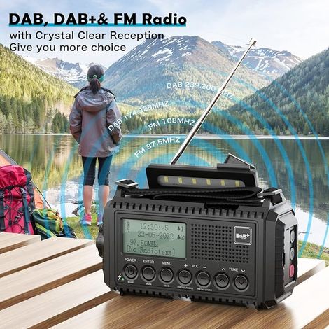 Radio Dab/FM Portable, Dynamo, Manivelle, Survie Dab de Chargeur USB avec Alarme SOS, Réveil, Lampe de Poche et Lampe de Lecture (1/3)