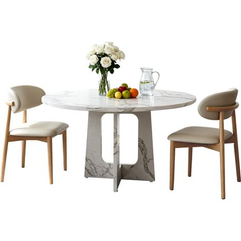 Ensemble table à manger ronde 120cm Blanc Placage Marbre 2 Chaises Moderne Minimaliste Pour Salle à manger Cuisine Bureau Salon (1/5)