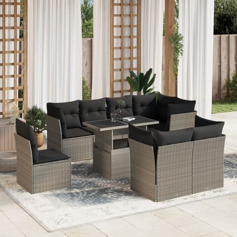 Set muebles jardín 9 pzas y cojines ratán sintético gris claro vidaXL (1/5)
