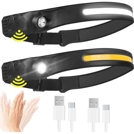 2PCS LED Lampe Frontale Rechargeable,5 Modes Lampe Frontale LED Puissante COB,Étanche Lampe Rechargeable USB 1200mAh avec Capteur Intelligent pour Jog (1/5)