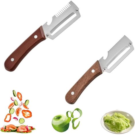 2 Pieces Multifunctional Vegetable Peeler, 3-in-1 Peeler with Wooden Handle, Stainless Steel Blade and Bottle Opener, Kitchen Aid for Vegetables & Meat Slices (1/5)