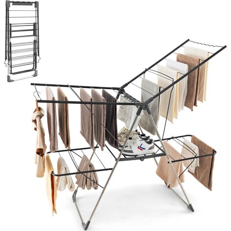 Séchoir à Linge Pliable avec 2 Ailes Réglable en Hauteur, Étendoir à Linge avec 33 Rails de Séchage, Pinces à Chaussettes, Barres Latérales (Noir) (1/5)