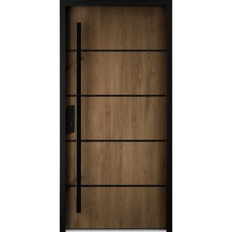 Porte d'entrée en acier pleine et inox H207 x L100 cm effet noyer - épaisseur 68 mm - poussant droit - LUSADA
