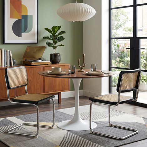 Lot de 2 Chaises Moyen Siècle - Design Cantilever et Cannage Rotin - Coussin confortable et Pieds Chromés - Idéal Salon et Cuisine, Noir (1/5)
