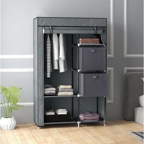 Armoire penderie en tissu 102x42.5x162.5 cm gris foncé en acier avec 6 étagères, tringle et fermeture zippée (1/5)