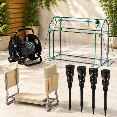 Set da giardino con serra in pellicola (4 pezzi) – Serra in PVC, sgabello pieghevole, avvolgitubo e torcia solare (1/5)