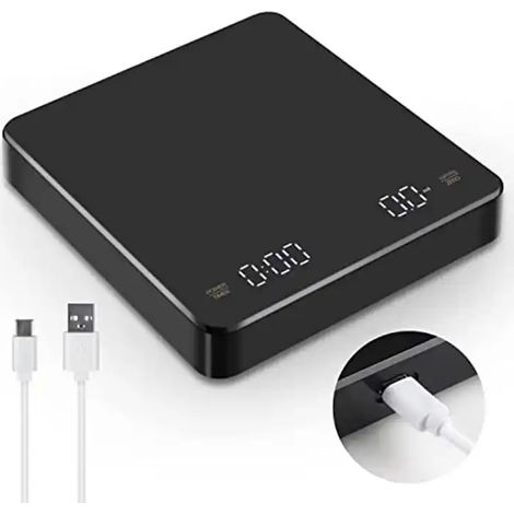 Wiederaufladbare digitale Kaffeewaage mit Timer, für Filterkaffee, 3 kg/0,1 g. Digitale Espressowaage mit Anti-Cut-Funktion, 3 Einheiten, LED-Anzeige, schwarz.