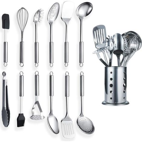 Ustensile de Cuisine en Acier Inoxydable 12 pièces avec 1 Support, cuillère de Cuisine, ustensiles de Cuisine (13 pièces) (1/5)