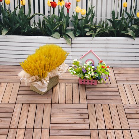 Baldosas de madera para jardín exterior, juego de 27 unidades, 2,5 m², instalación entrelazada, 30x30 cm, color marrón.