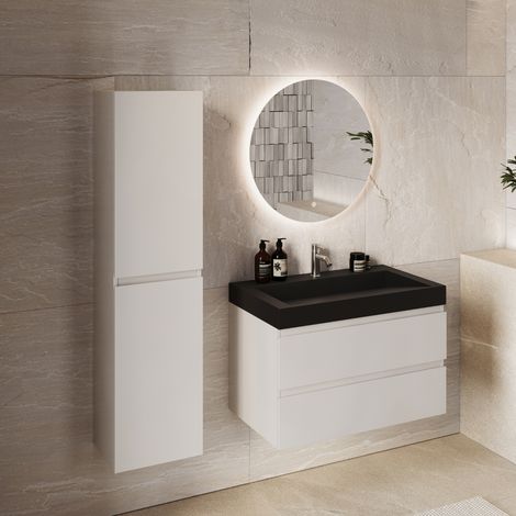 Meuble + colonne Azuro 80cm blanc brillant vasque noire LOMAZOO (1/5)