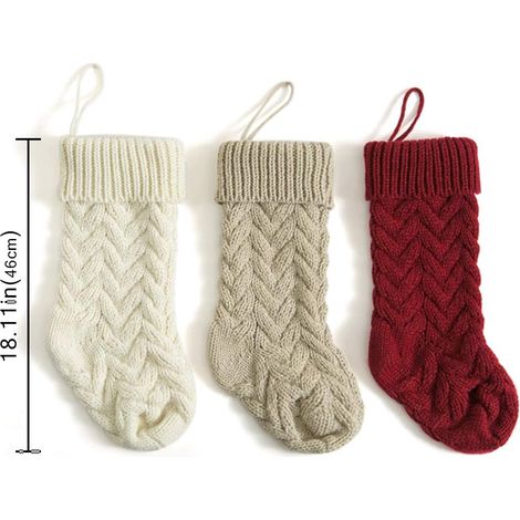Lot de 3 chaussettes de Noël, tricot acrylique, 45 cm, rouge blanc gris, décoration suspendue maison (1/5)