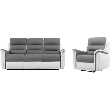 Loungitude – Canapé relax 3 places – Fauteuil en PU blanc et microfibre gris – Ultra confortable et moderne – Facile d'entretien