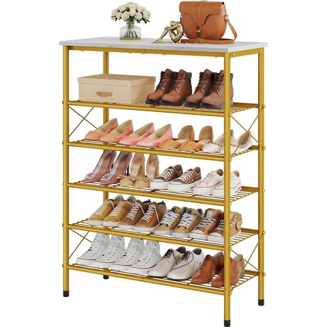 Étagère à Chaussures à 6 Niveaux, Étagère à Chaussures Industrielle pour Placard, Entrée, Étagère de Rangement à Chaussures en Maille Métallique avec Cadre en X, Blanc Rustique et Dor (1/5)