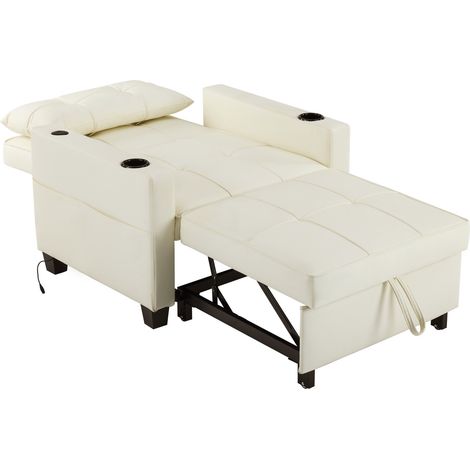 Sillón cama individual extraíble 3 en 1 blanco de polipiel con portavasos y USB (1/5)