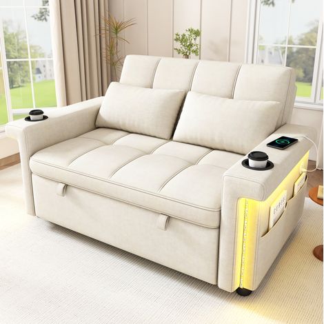 Divano letto 2 posti 145 x 141,5 x 90 cm con schienale regolabile in 3 posizioni, LED, USB/Type-C, tessuto chenille - beige (1/5)