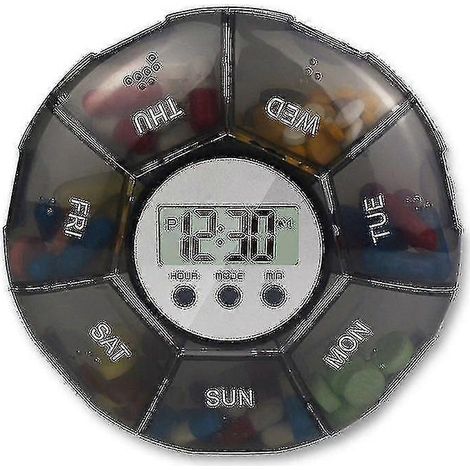 Pilulier rond de voyage mignon et pratique, en polypropylène de qualité alimentaire, pour 7 jours. Avec minuteur. (1/5)