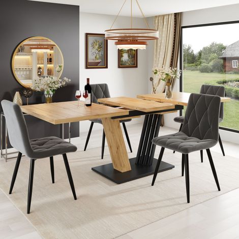 Conjunto de mesa de comedor extensible de 120/160 x 80 cm con 4 sillas de terciopelo, patas de metal, MDF blanco, para comedor/cocina - acabado imitación madera (1/5)