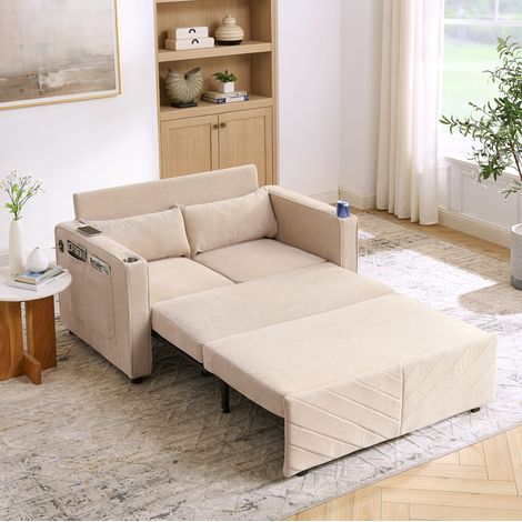 Sofá cama 3 en 1 2 plazas beige en madera y tela con USB y sistema deslizante (1/5)