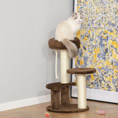 Arbre à gratter pour chats à 3 niveaux avec lit en peluche et poteaux en sisal, Ø40x65 cm, marron (1/5)
