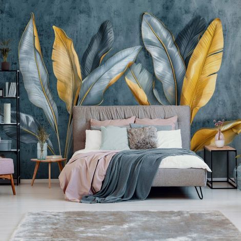 Vlies Fototapete Blätter 150x105 cm, Tapeten, für Wohn und Schlafzimmer, Vliestapete Wandtapete Tapete 3D Effekt- inkl. Kleister - Tropisch Botanisch Natur gelb grau, WallArena